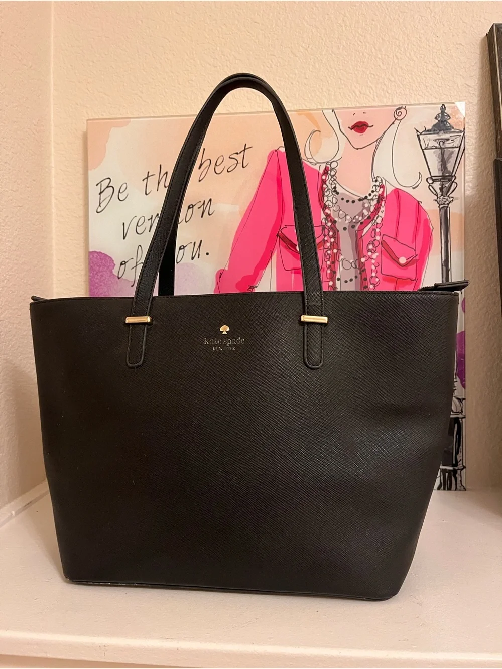 kate spade Black Saffiano Tote with Gold Logo Accents